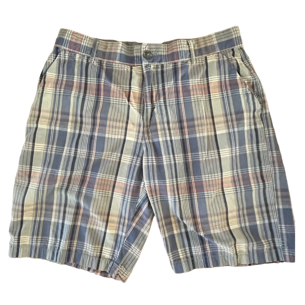 WRK Work Material‎ Co Blue Tan Red Plaid Flat Front Shorts 100% Cotton -  36